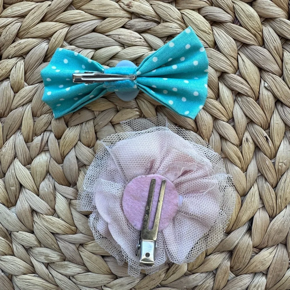 Turquoise Polka Dot Bow & Pink Flower Hair Clip Set for Kids